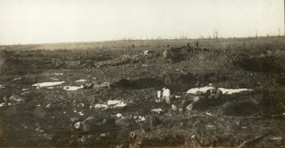 The reverse slope of the German position at Gravenstafel Ridge, Passchendaele, with German dead lying on the ground.
